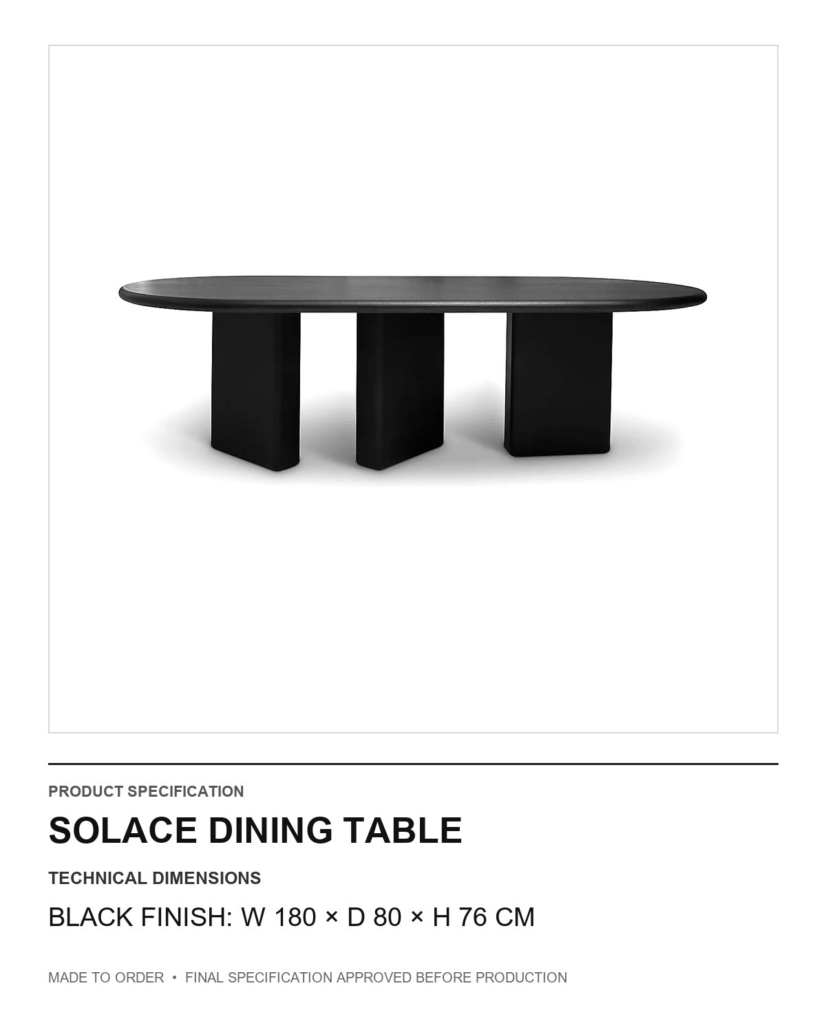 Solace Dining Table — technical dimensions — uniform technical card v1 (Black finish: W 180 × D 80 × H 76 cm)