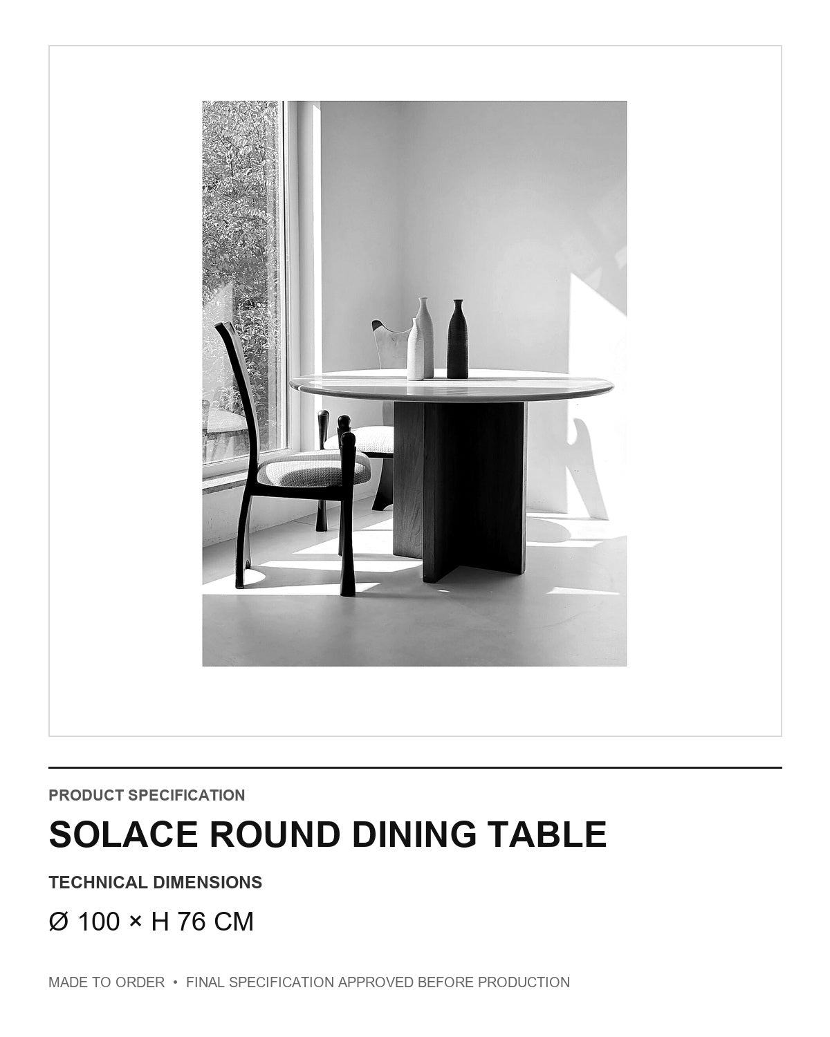 Solace Round Dining Table — technical dimensions — uniform technical card v1 (Ø 100 × H 76 cm)