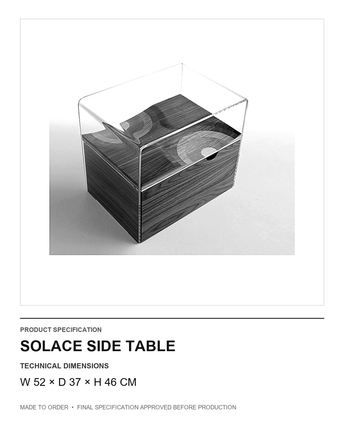 Solace Side Table — technical dimensions — uniform technical card v1 (W 52 × D 37 × H 46 cm)