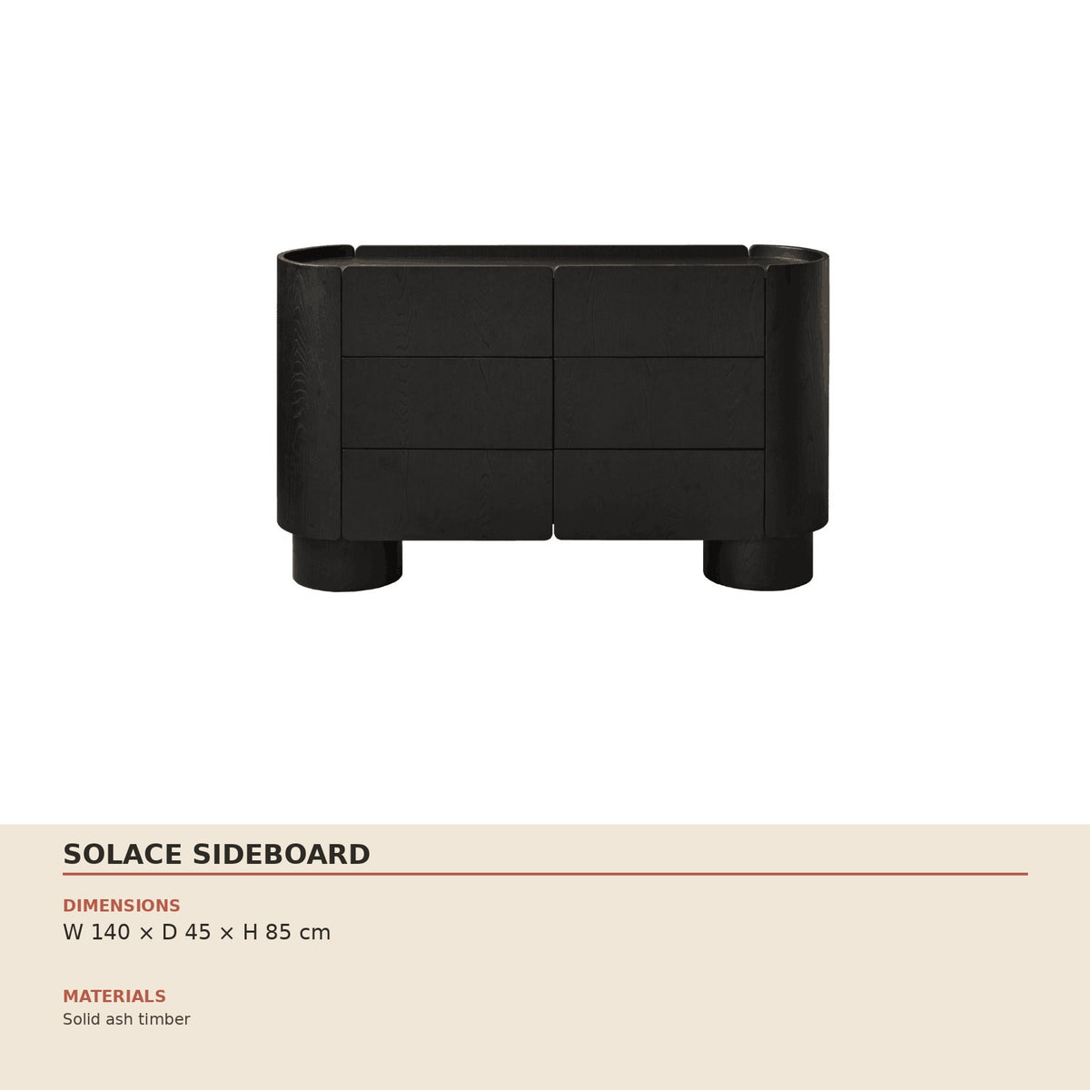 Solace Sideboard — technical dimensions (W 140 × D 45 × H 85 cm)