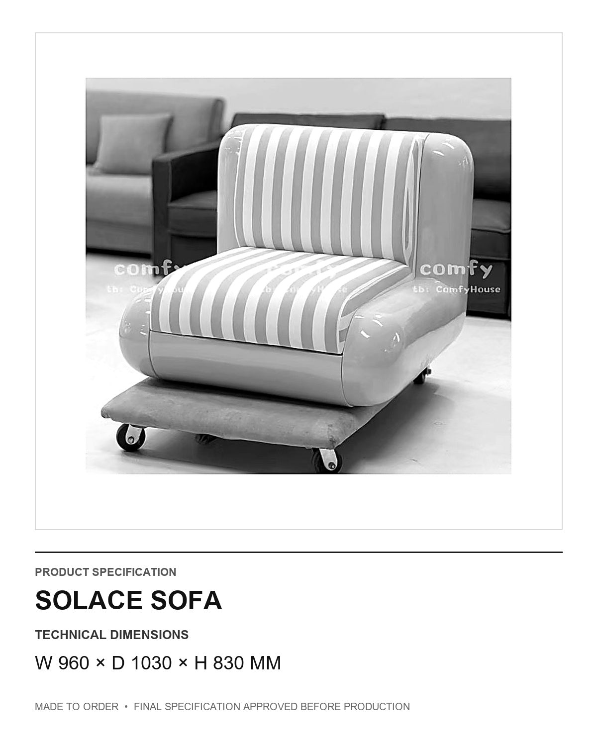 Solace Sofa — technical dimensions — uniform technical card v1 (W 960 × D 1030 × H 830 mm)
