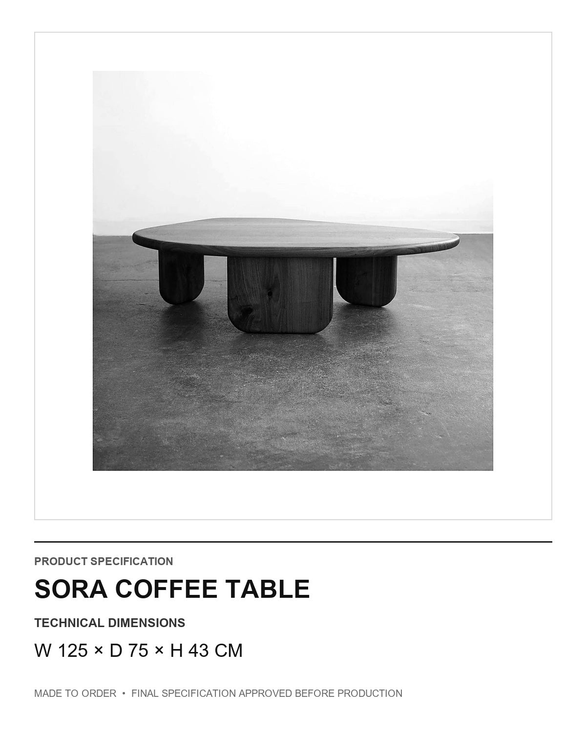 Sora Coffee Table — technical dimensions — uniform technical card v1 (W 125 × D 75 × H 43 cm)