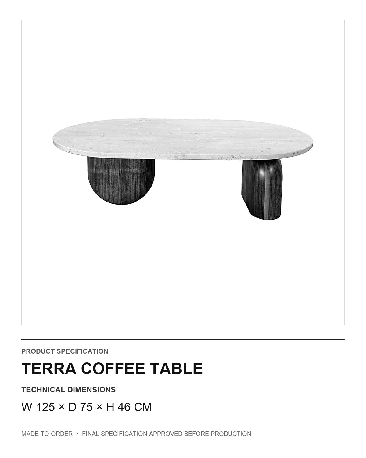 Terra Coffee Table — technical dimensions — uniform technical card v1 (W 125 × D 75 × H 46 cm)