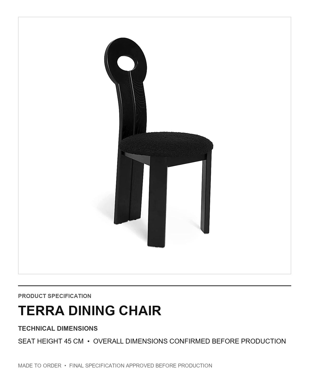 Terra Dining Chair — technical dimensions — uniform technical card v1 (Standard size — seat height 45 cm; final overall dimensions confirmed before production)
