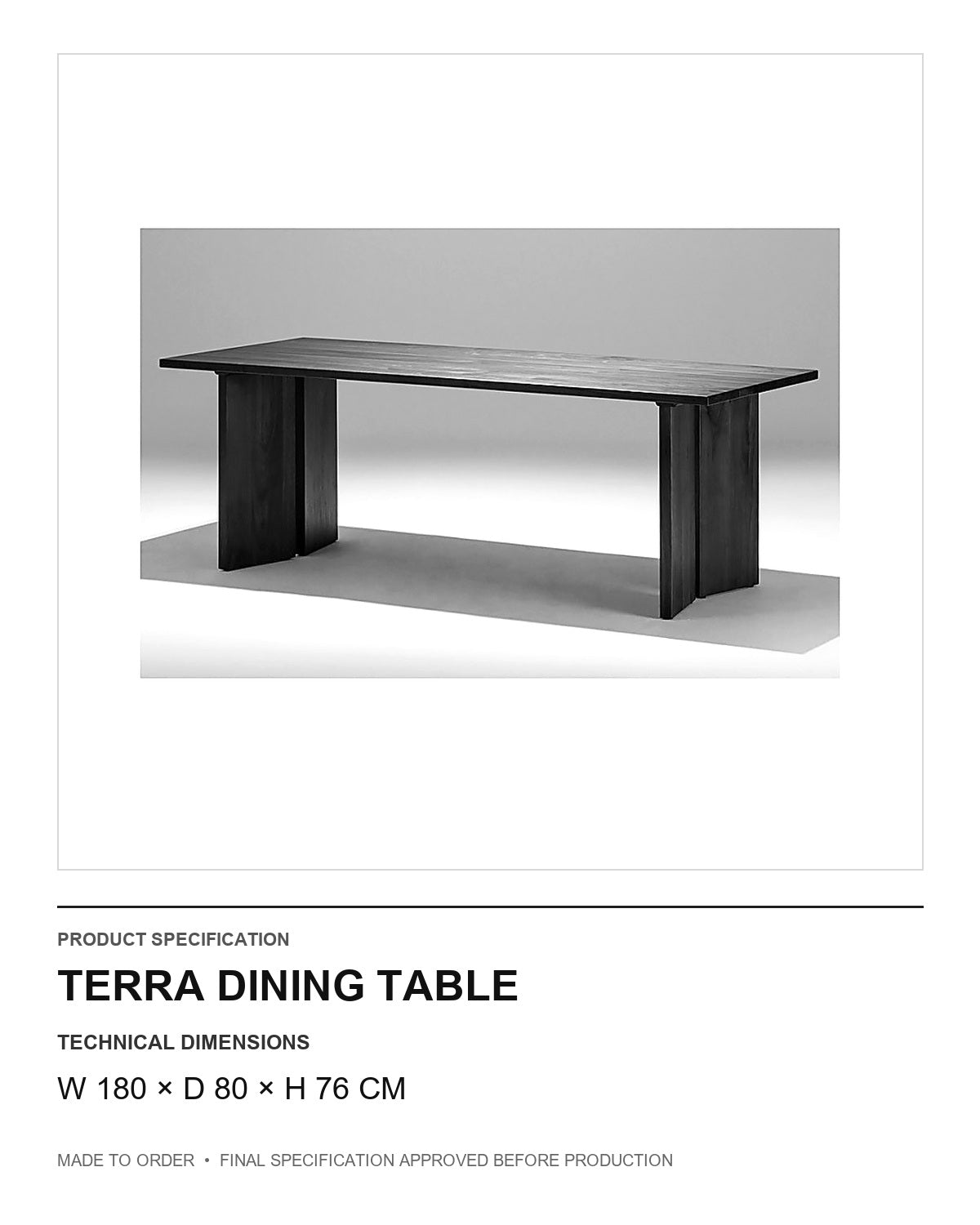 Terra Dining Table — technical dimensions — uniform technical card v1 (W 180 × D 80 × H 76 cm)