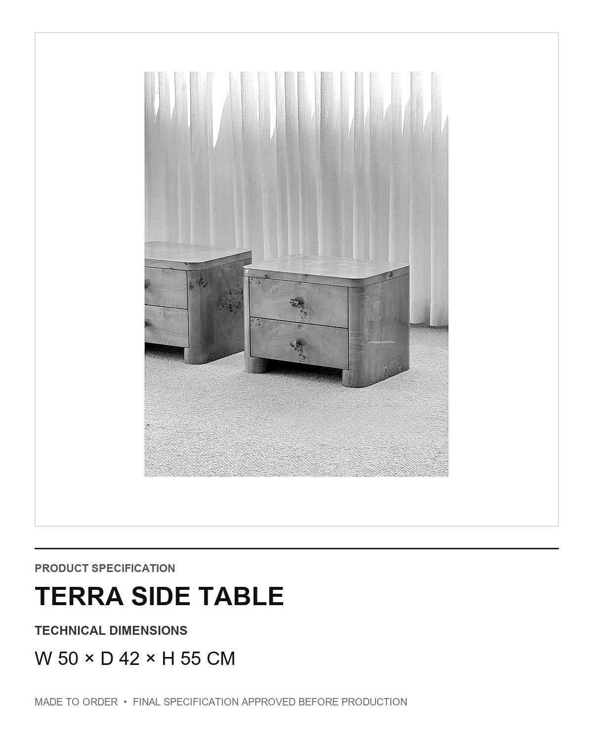 Terra Side Table — technical dimensions — uniform technical card v1 (W 50 × D 42 × H 55 cm)