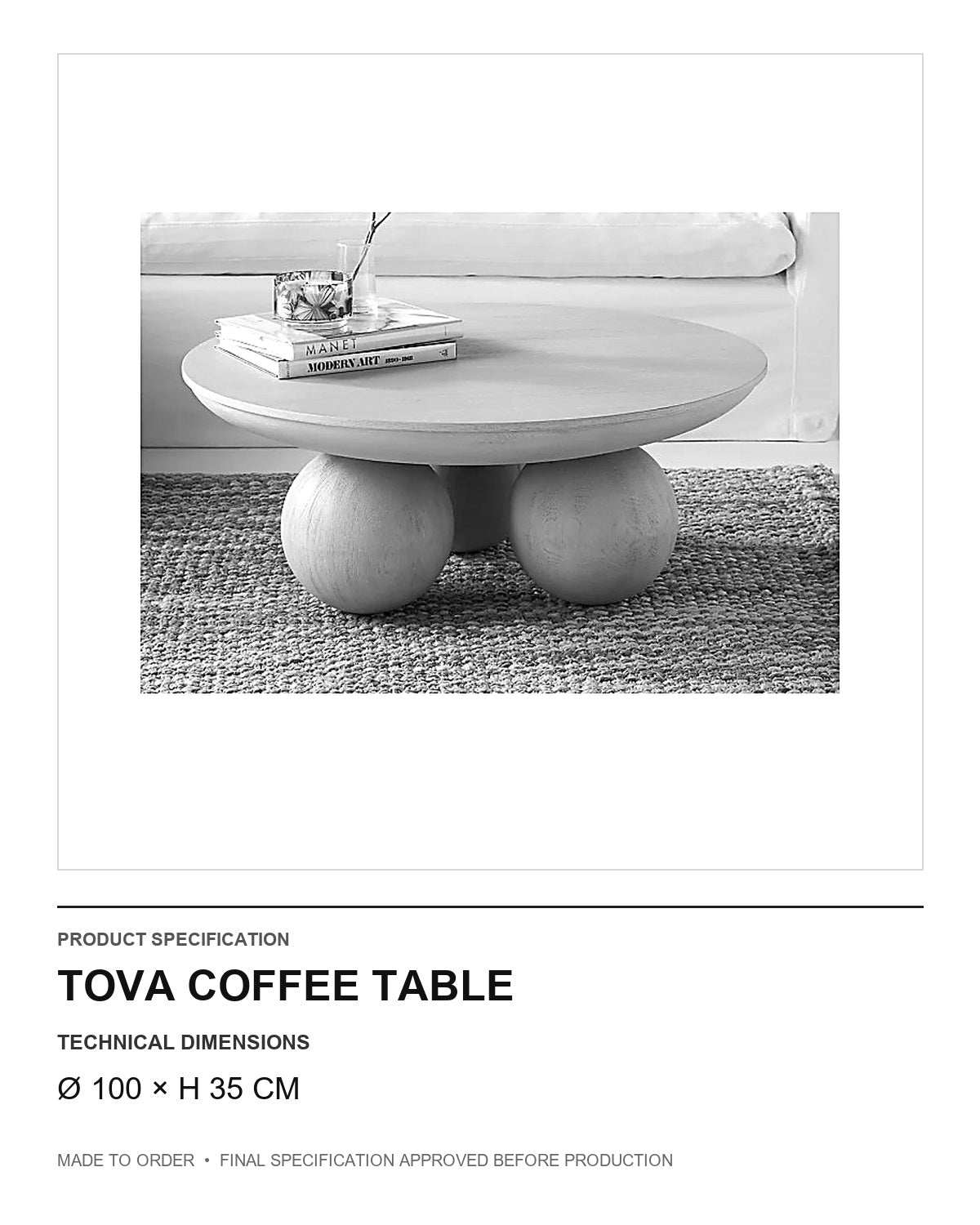Tova Coffee Table — technical dimensions — uniform technical card v1 (Ø 100 × H 35 cm)