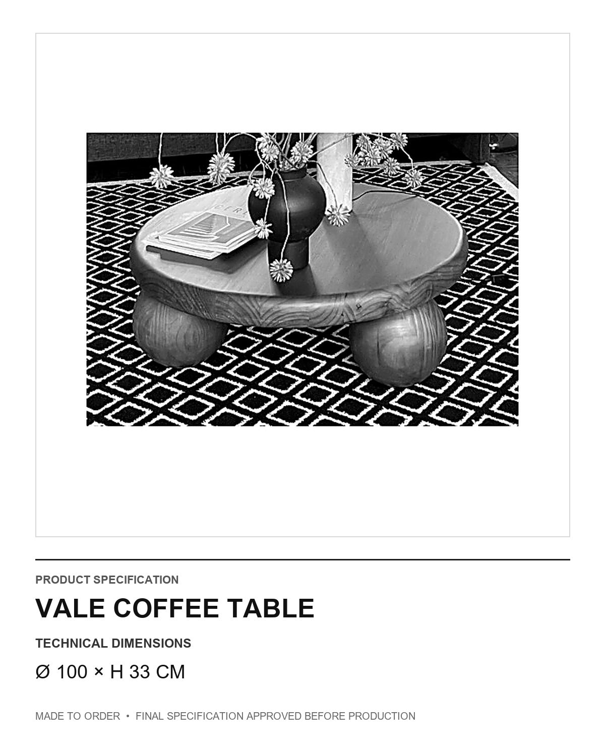 Vale Coffee Table — technical dimensions — uniform technical card v1 (Ø 100 × H 33 cm)