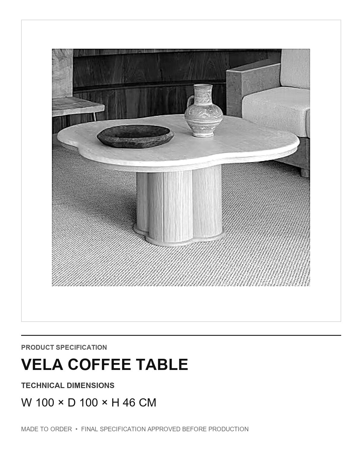 Vela Coffee Table — technical dimensions — uniform technical card v1 (W 100 × D 100 × H 46 cm)